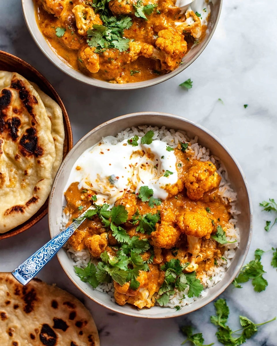 A white bowl filled with a base layer of fluffy white rice, topped with a rich orange-brown curry containing large pieces of cauliflower coated in thick sauce, sprinkled with black pepper and fresh bright green cilantro leaves scattered on top, with two pieces of slightly charred flatbread resting on the side inside the bowl. The bowl is placed on a white marbled textured surface, with a small white bowl of white sauce and a small white dish holding crushed black pepper visible nearby. Photo taken with an iphone --ar 4:5 --v 7