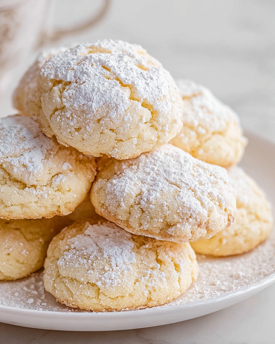 A stack of soft cookies dusted with white powdered sugar sits closely together on a white plate set against a white marbled surface. The cookies have a light golden color with slightly cracked tops showing a tender texture inside. The powdered sugar is scattered unevenly, highlighting the slight bumps and crevices on each piece. The cookies are piled in a casual way, with some slightly overlapping each other, adding to their fresh-baked appeal. photo taken with an iphone --ar 4:5 --v 7