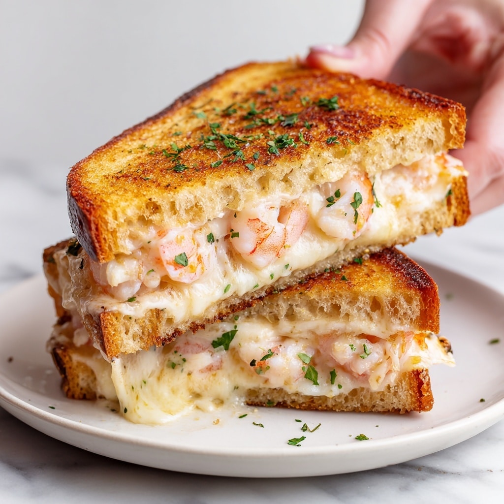 The image shows a grilled cheese sandwich with shrimp inside, cut in half and slightly pulled apart to show the melted cheese stretching between the two pieces. The sandwich has two golden brown toasted bread slices with a crispy texture. Inside, there is a layer of large cooked shrimp, pink and juicy, placed on a thick layer of gooey, melted white cheese that stretches as the halves are pulled. Small green herb pieces are sprinkled on top of the sandwich and a woman's hand is holding one side. The sandwich is on a wooden cutting board with a white marbled surface in the background. Photo taken with an iphone --ar 4:5 --v 7