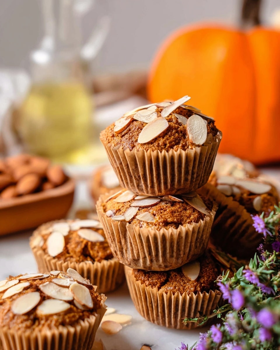 A close-up view of a small stack of brown muffins, each in a ridged brown paper liner, topped with thin light tan almond slices scattered unevenly on their rough textured tops. The muffins have a slightly cracked surface with a dense crumb. In the soft-focus background, a bright orange pumpkin and a glass of milk are visible, set on a white marbled surface with some sprigs of green herbs adding soft color. Photo taken with an iphone --ar 4:5 --v 7
