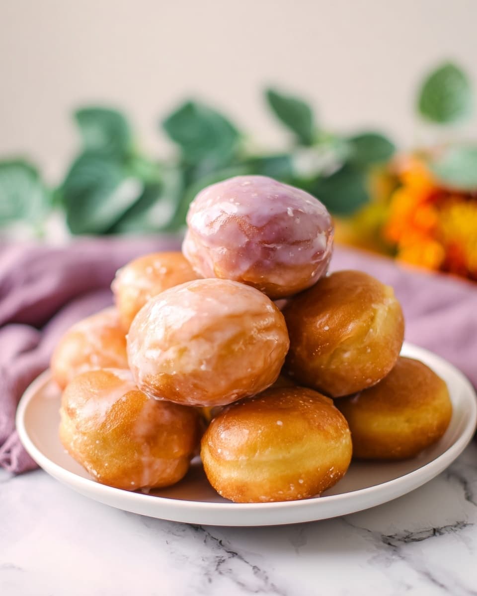 A white bowl filled with a pile of small, round donut holes covered in shiny glaze. The donut holes form two layers: the base layer has a mix of purple and light brown donut holes, while the top layer is mostly light brown with a golden-yellow glaze, with one donut hole stacked on top. The glaze give the donuts a smooth, slightly wet texture reflecting light. In the background, slightly blurred, there are green leaves and an orange flower on a white marbled surface. photo taken with an iphone --ar 4:5 --v 7