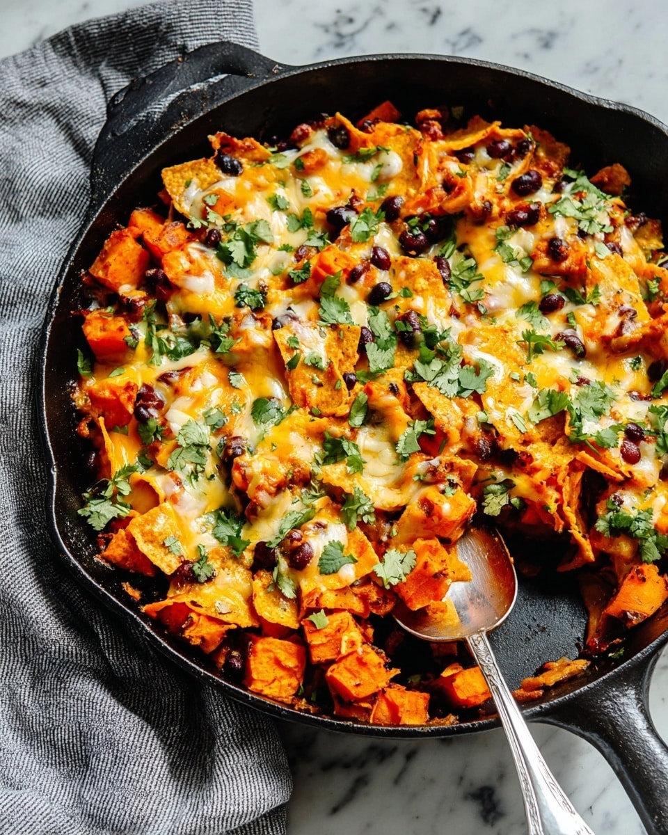 The dish is a colorful baked skillet meal with three main layers visible: at the bottom, there are tender pasta pieces covered in a rich, thick orange-red sauce; the middle layer includes chunks of soft, bright orange butternut squash mixed with black beans that add a dark contrast; the top layer is melted golden-yellow cheese that looks slightly bubbly and stretchy, scattered with fresh green cilantro leaves for a fresh touch. The food sits inside a rustic black cast-iron pan on a white marbled surface, with a silver spoon scooping some from the side, and the edge of a striped cloth napkin is visible below. Photo taken with an iphone --ar 4:5 --v 7