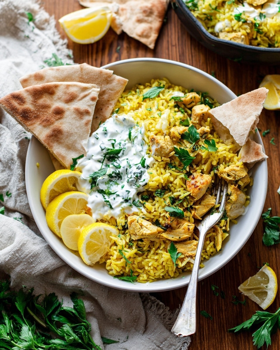 A white bowl filled with three main layers: the bottom layer is yellow rice mixed with small pieces of chicken, the middle layer is a dollop of white creamy sauce with herbs sprinkled on top, and the top layer has fresh green chopped herbs scattered all over. On the right side of the bowl, two pieces of pita bread rest against the rice. Lemon slices peek out from under the rice on the left side. A silver fork rests inside the bowl angled toward the bottom right. The bowl is placed on a white marbled surface, with other food bowls and green herbs blurred in the background. Photo taken with an iphone --ar 4:5 --v 7