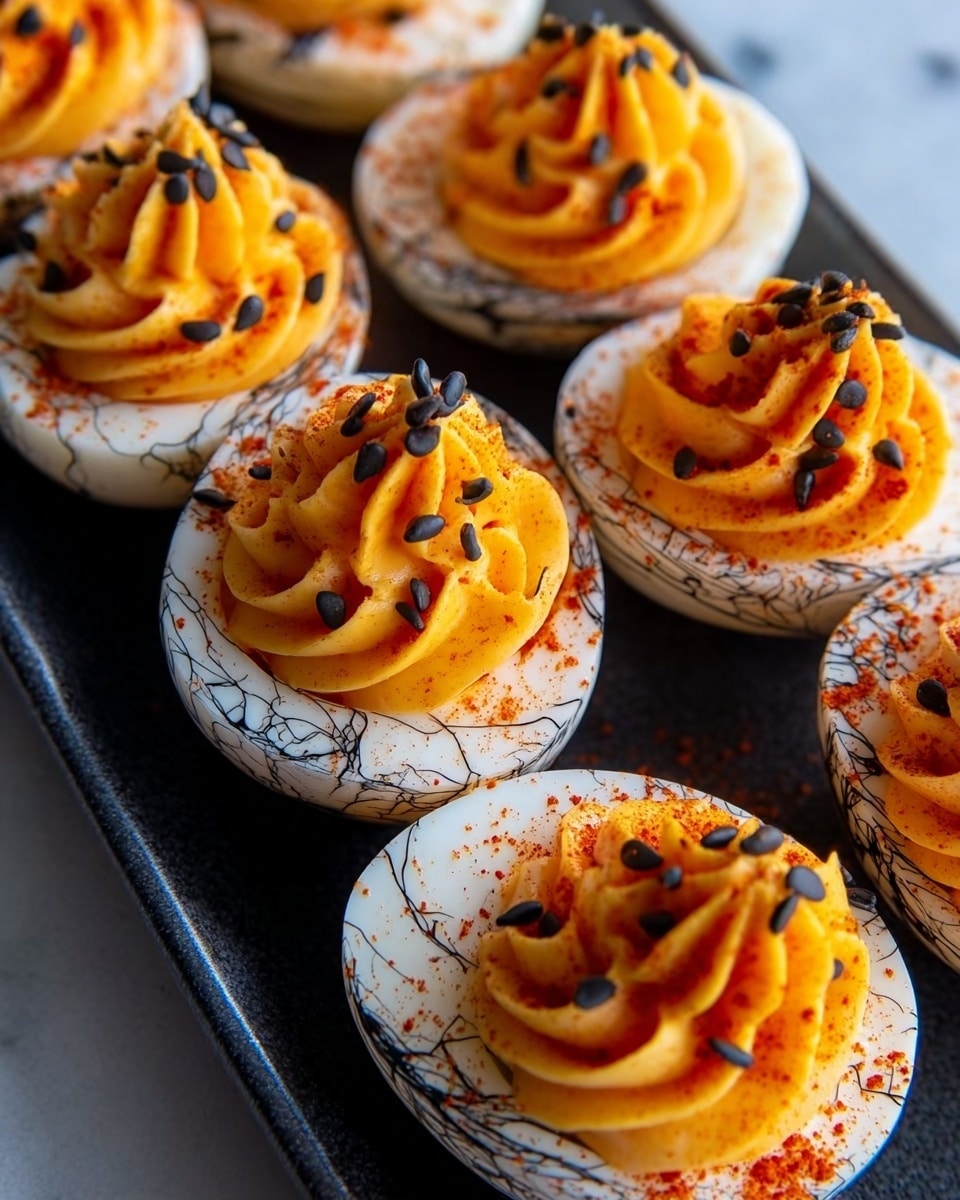 The image shows a close-up of nine black and white marbled hard-boiled eggs cut in half and placed together on a dark plate. Each egg half has a smooth white outer layer with dark veins creating a cracked marble effect on the surface. The yolk is replaced by a bright orange creamy topping that sits in a neat swirl on top of each egg half. Tiny black sesame seeds are sprinkled evenly on the orange layer, adding texture and contrast. The eggs are tightly grouped, filling the frame, all resting on a white marbled textured surface. Photo taken with an iphone --ar 4:5 --v 7