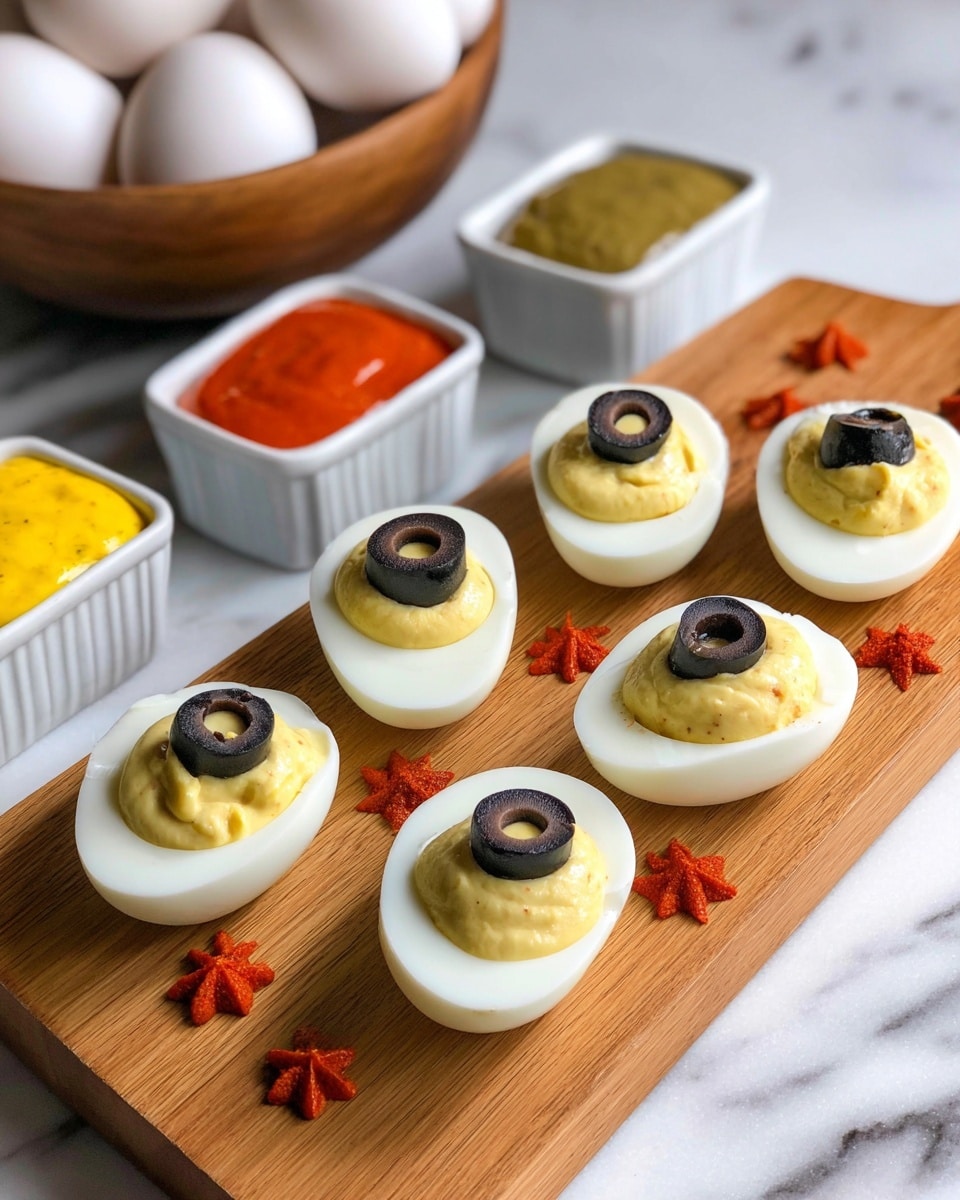 The image shows six deviled eggs placed on a wooden board, each egg cut in half with a smooth white outer shell and filled with a creamy light yellow filling. The filling is decorated with slices of black olives or small dollops of red seasoning on top, creating a contrast with the pale yellow cream. Around the eggs on the board, there are small star-shaped garnishes made from bright red pieces, adding a pop of color. In the background, there are four white bowls filled with different colored sauces: one red, another pale yellow, a third green, and the last a creamy yellow. There is also a wooden bowl holding whole white eggs. The whole setup is on a white marbled surface with a grey cloth underneath part of the wooden board. Photo taken with an iphone --ar 4:5 --v 7