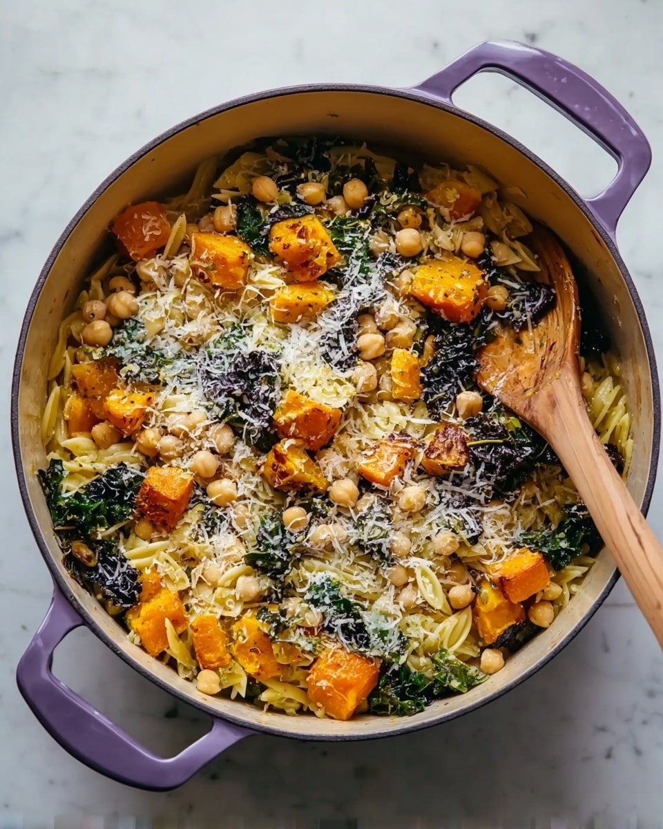 A white bowl filled with a mixed dish of yellow orzo pasta, light beige chickpeas, bright orange squash cubes, and dark green leafy kale. There are slices of brown mushrooms spread throughout, with a sprinkling of finely chopped green herbs and some grated light-colored cheese on top. A gold spoon is partially inside the bowl on the right side. The bowl is on a white marbled surface with a white cloth near the bottom left corner and two pumpkins—one white and one orange—partially visible at the top edges. Photo taken with an iphone --ar 4:5 --v 7