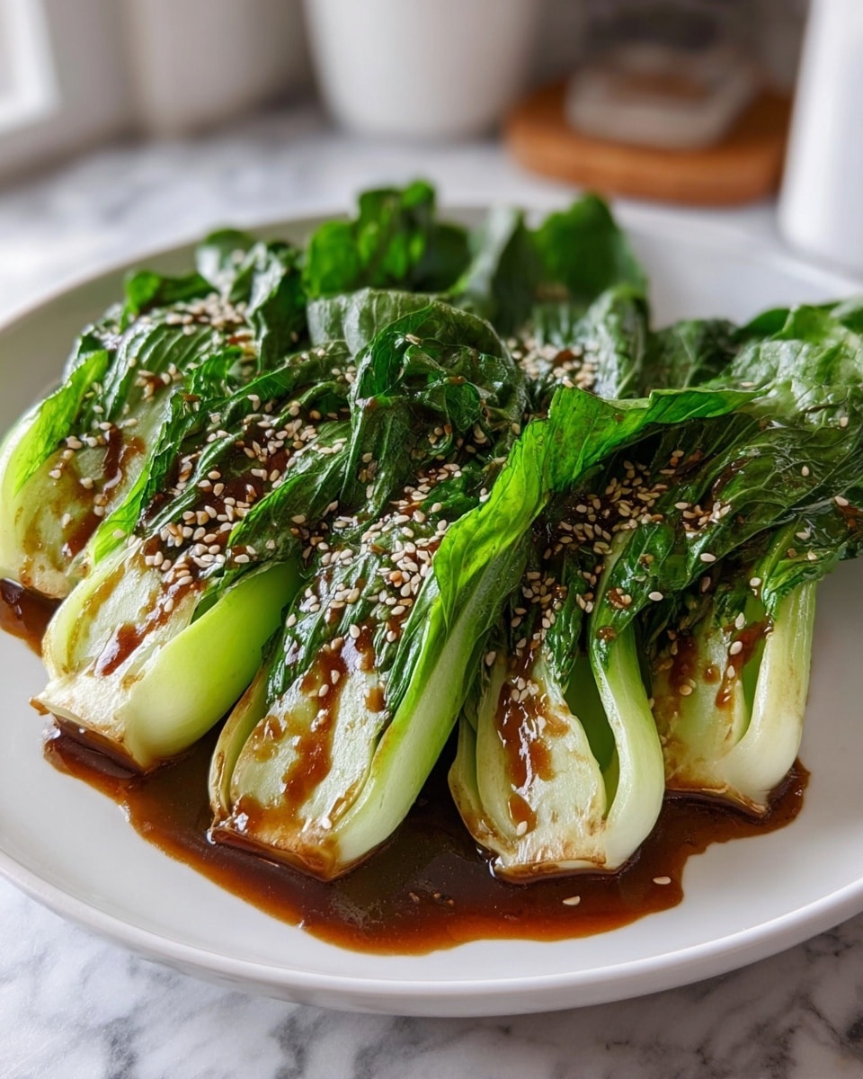 The image shows a white plate filled with five halves of cooked baby bok choy arranged side by side, each piece displaying bright green leafy tops and translucent pale green stems. A glossy dark brown sauce is drizzled generously over the greens and stems, sprinkled with small white sesame seeds that add texture. The dish sits on a white marbled surface, and soft natural light highlights the shiny sauce and fresh leaves. photo taken with an iphone --ar 4:5 --v 7