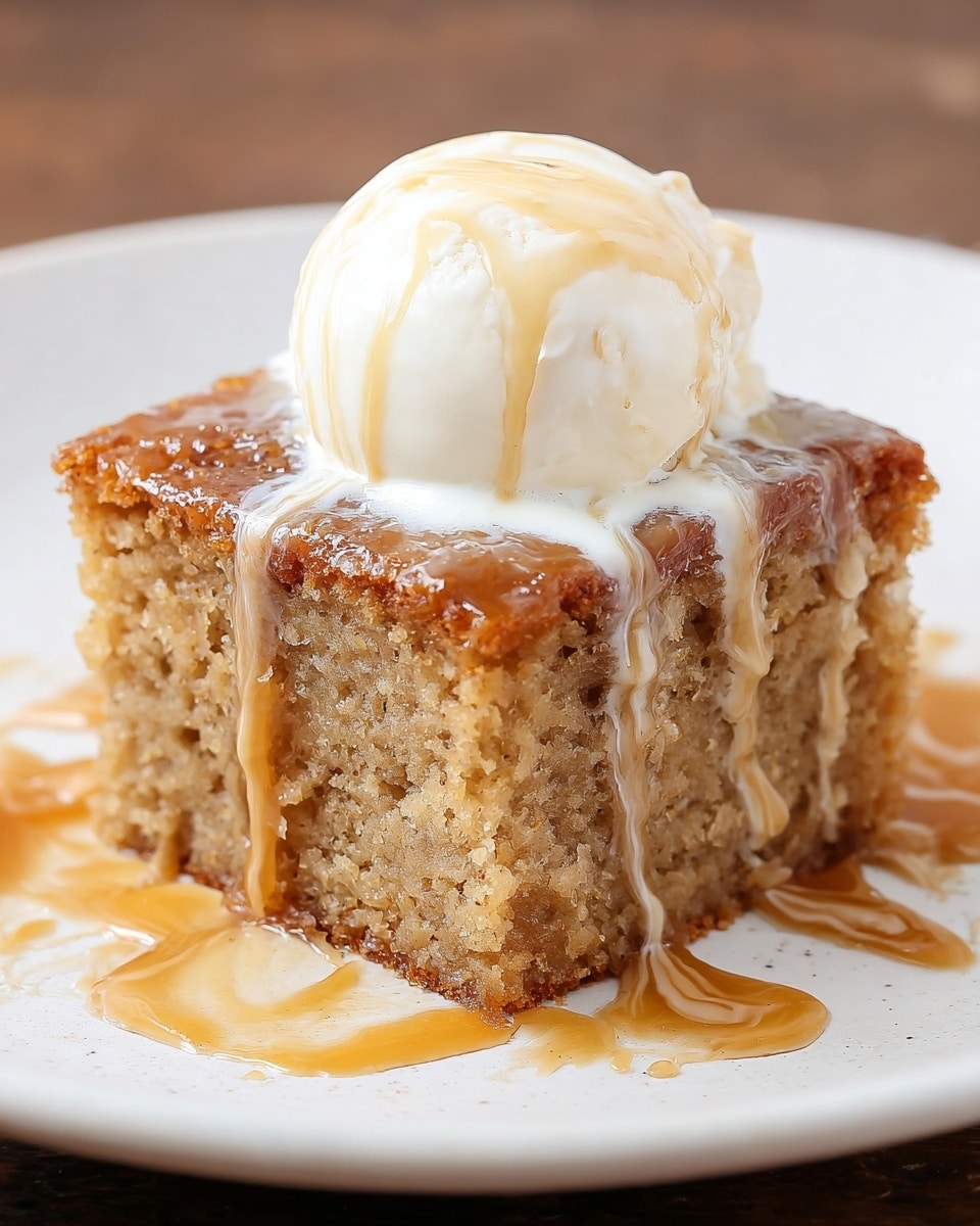 This image shows a single-layer rectangular cake in a clear glass baking dish, placed on a white marbled surface. The cake has a moist, crumbly light brown texture with a shiny caramel-colored glaze covering the top, which looks sticky and smooth. Some crumbs and glaze have spread slightly around the base inside the container. The top surface is mostly flat with a few uneven spots near the edges. Photo taken with an iphone --ar 4:5 --v 7