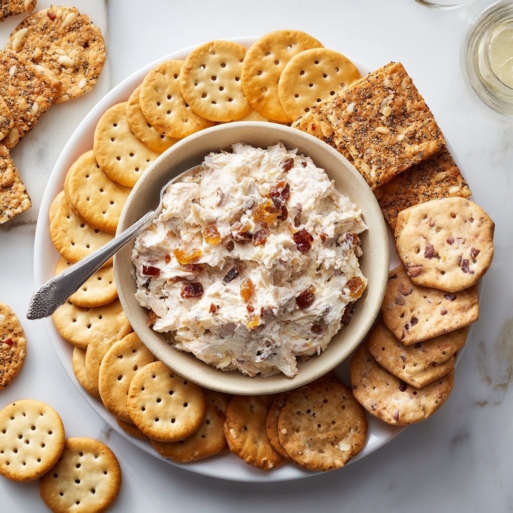 The image shows a shallow white bowl filled with a creamy, thick cheese spread mixed with visible small pieces of red and orange bits, creating a speckled look throughout. A silver spreading knife rests inside the bowl, partially covered with the cheese mixture. Around the bowl, there is an arrangement of different crackers with various textures and shades of light golden brown, all placed on a white marbled surface. The overall look is inviting and ideal for a snack setting. photo taken with an iphone --ar 4:5 --v 7