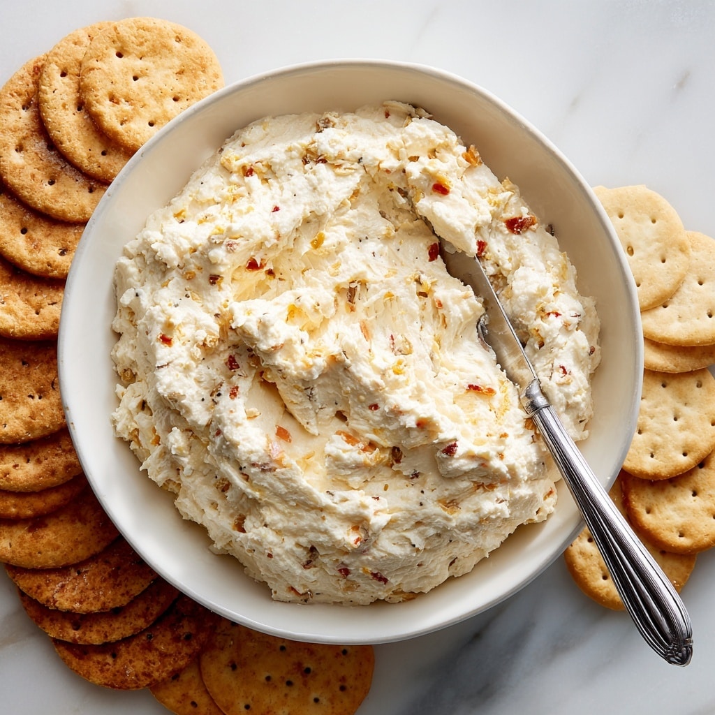 A round white plate sits on a white marbled surface, filled neatly with five sets of crackers arranged in separate groups around a central bowl. At the center is a light beige bowl filled with a creamy white cheese spread mixed with small bits of brown and orange dried fruit. A silver spreader knife rests in the bowl, partially covered with the cheese mix. The crackers include round pale beige ones with holes, rectangular golden brown seeded crackers, round golden baked crackers with visible spices, pale beige circular crackers, and square light brown crackers with seeds. Photo taken with an iphone --ar 4:5 --v 7