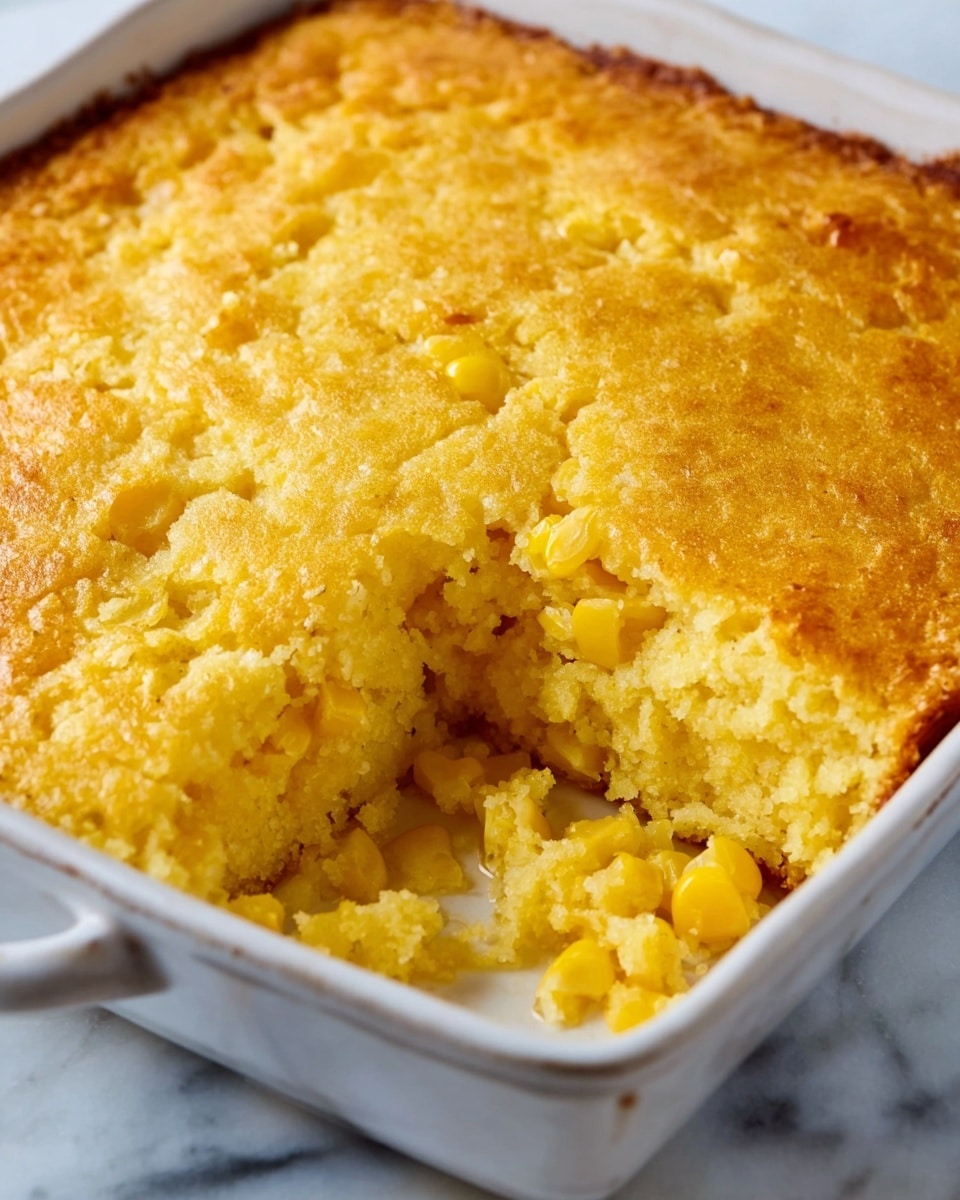 A white square baking dish filled with a thick, creamy corn casserole. The casserole has a rough, slightly crumbly top layer that is golden yellow with some lighter yellow spots. The inside layer is soft and moist, showing whole corn kernels throughout a smooth, dense texture. The dish is sitting on a white marbled surface, and a small piece has been scooped out, revealing the inside layers clearly. Photo taken with an iphone --ar 4:5 --v 7