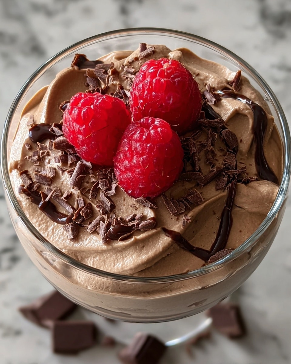 The image shows a clear glass cup filled with a thick, creamy chocolate mousse that has a smooth and slightly fluffy texture. On top, there is a layer of glossy chocolate drizzle, dark brown chocolate curls, and three bright red raspberries placed in the center. The mousse has a light to medium brown color, contrasting with the darker chocolate toppings and vibrant red berries. The glass cup sits on a white marbled surface, adding a clean and elegant look to the presentation. photo taken with an iphone --ar 4:5 --v 7