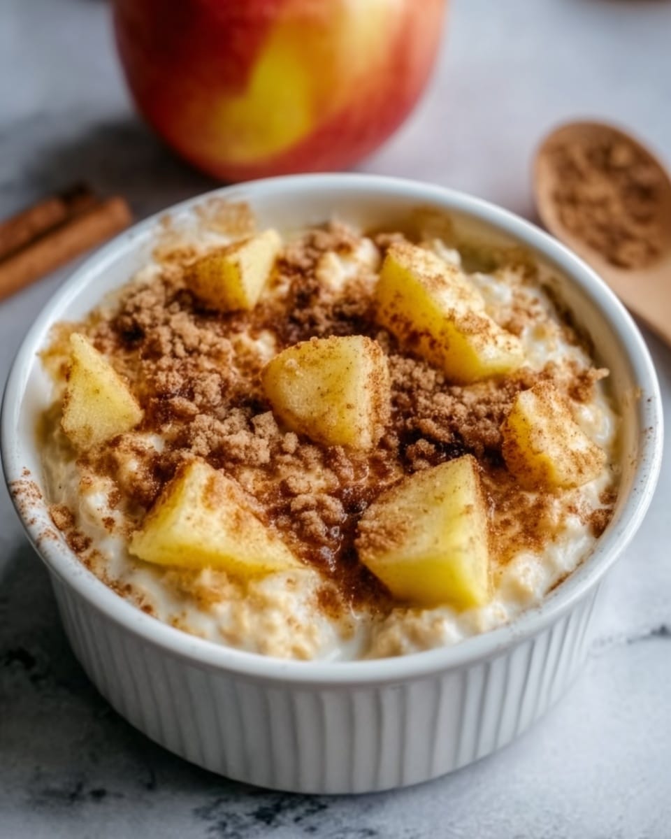 A white bowl filled with rice pudding topped with golden-brown baked apple slices and a layer of crumbly brown cinnamon streusel covering half the surface, showing a creamy, soft rice base underneath. The apple pieces are slightly caramelized with a shiny texture, arranged unevenly in the middle, surrounded by specks of cinnamon spice. The bowl sits on a white marbled surface next to a blurred red apple in the background. photo taken with an iphone --ar 4:5 --v 7