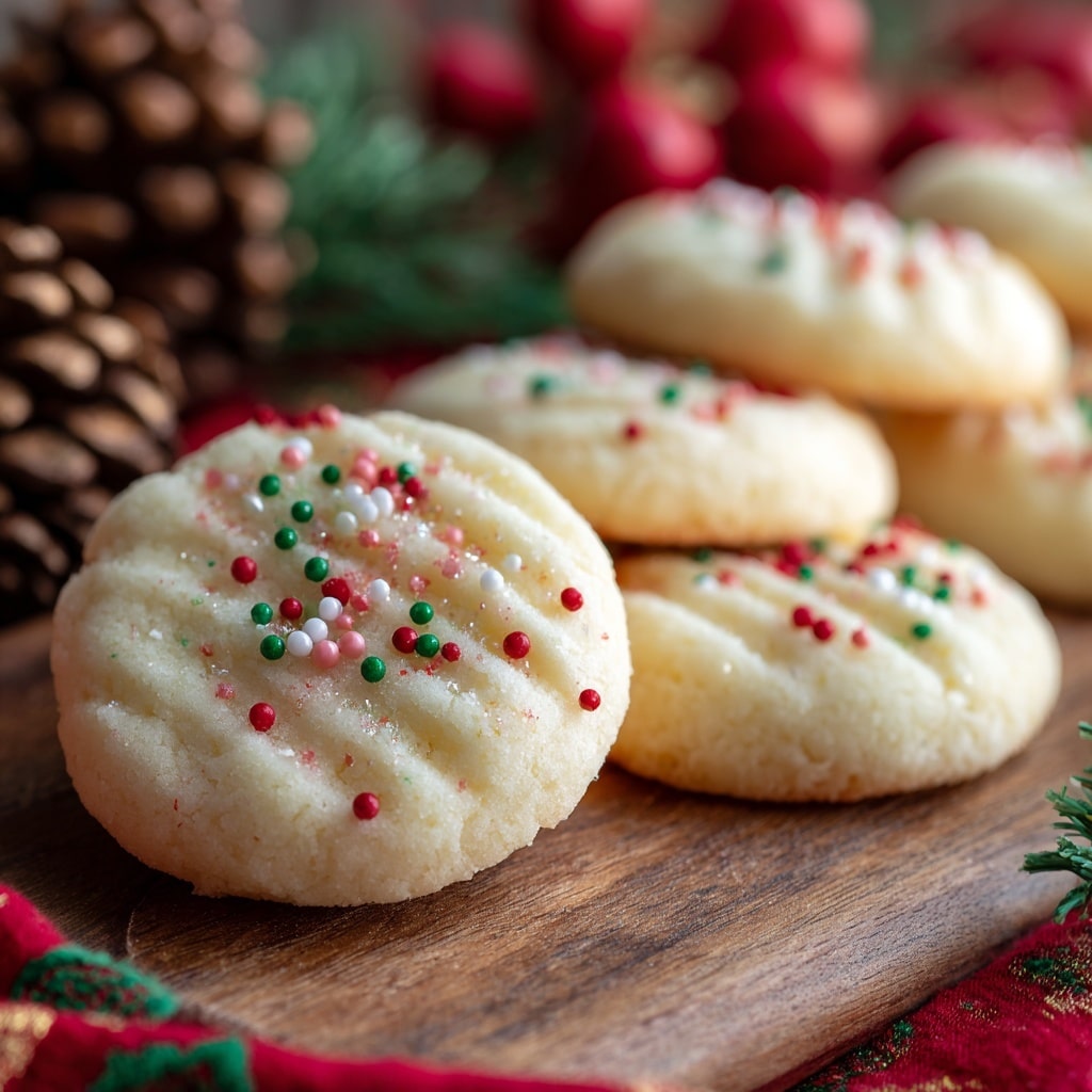 A close-up view of round, soft white cookies placed on a wooden surface with a subtle shine. Each cookie has light horizontal indentations on top, decorated with small, colorful round sprinkles in red, green, white, and pink that add a festive touch. The cookies are arranged in a loose line, with some partially overlapping. In the blurred background, a bright red fabric with green and gold patterned details and brown pine cones add a warm, holiday feel. The overall scene has a cozy and inviting look with a clear focus on the texture and decoration of the cookies. photo taken with an iphone --ar 4:5 --v 7
