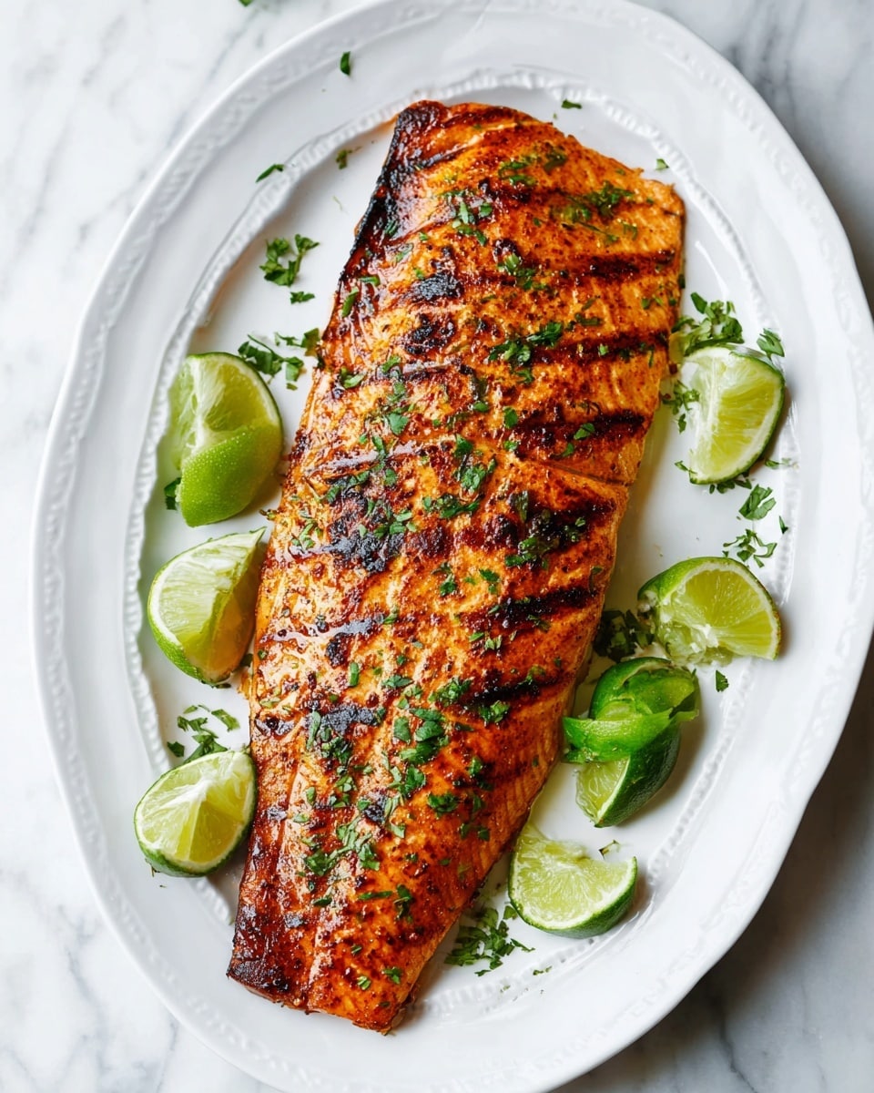 A large single layer of salmon fillet with a shiny, dark reddish-brown glaze seasoning covering the top surface, showing the texture of the fish's natural lines. It rests on a white parchment paper that covers a silver baking tray. To the top left of the fillet is a small clear glass bowl containing some dark brown glaze, and next to it is a metal brush with black bristles, stained with glaze. The whole scene is set on a white marbled texture. photo taken with an iphone --ar 4:5 --v 7