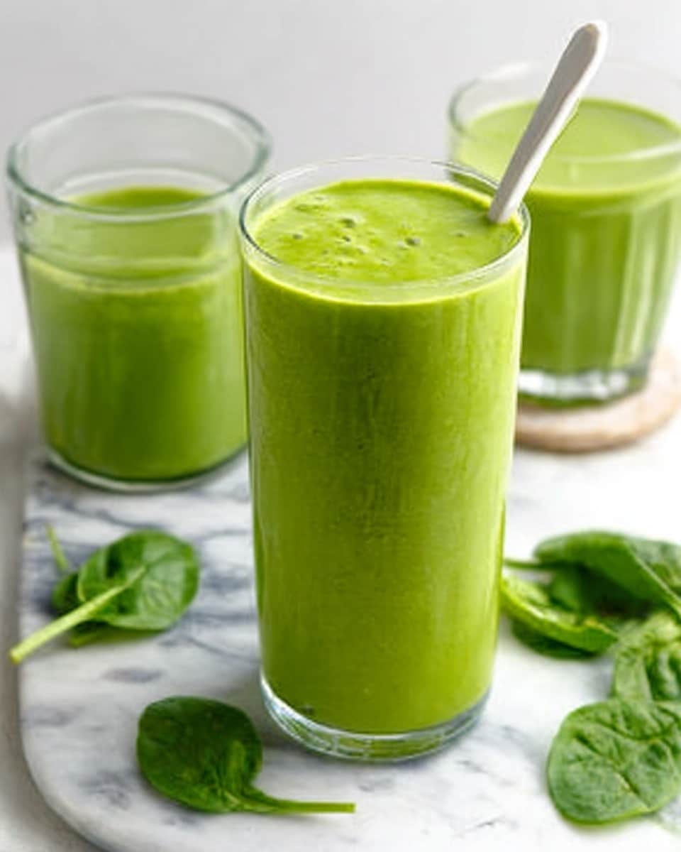 A tall glass filled with a bright green smoothie sits on a white marbled surface. The smoothie has a smooth, slightly foamy texture on top and fills the glass nearly to the brim. Next to the glass is a white spoon resting inside, also touched by the green smoothie. Behind it, two more glasses of the same green smoothie are visible, along with fresh green spinach leaves scattered around on the white marbled surface. The scene has a fresh, healthy feel with vibrant green colors against the clean white background. Photo taken with an iphone --ar 4:5 --v 7