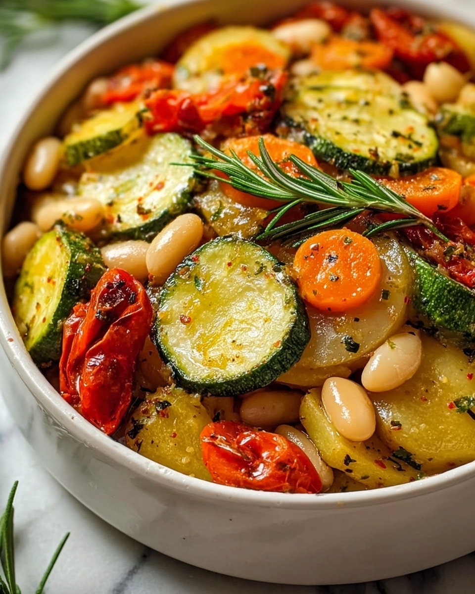 A white bowl filled with a mixed roasted vegetable dish, showing several layers of ingredients, with the top layer featuring round slices of green zucchini with a light golden-brown crust, small yellow potato chunks with a slightly crispy outer layer, and softly roasted red cherry tomato halves. Scattered throughout are white beans and thin orange carrot sticks, all seasoned with visible black pepper and herbs. In the center, a small green sprig of fresh rosemary stands out. The vegetables have a juicy and slightly oily texture, with charred bits adding to the color contrast. The bowl sits on a white marbled surface with some green herb leaves around it. photo taken with an iphone --ar 4:5 --v 7