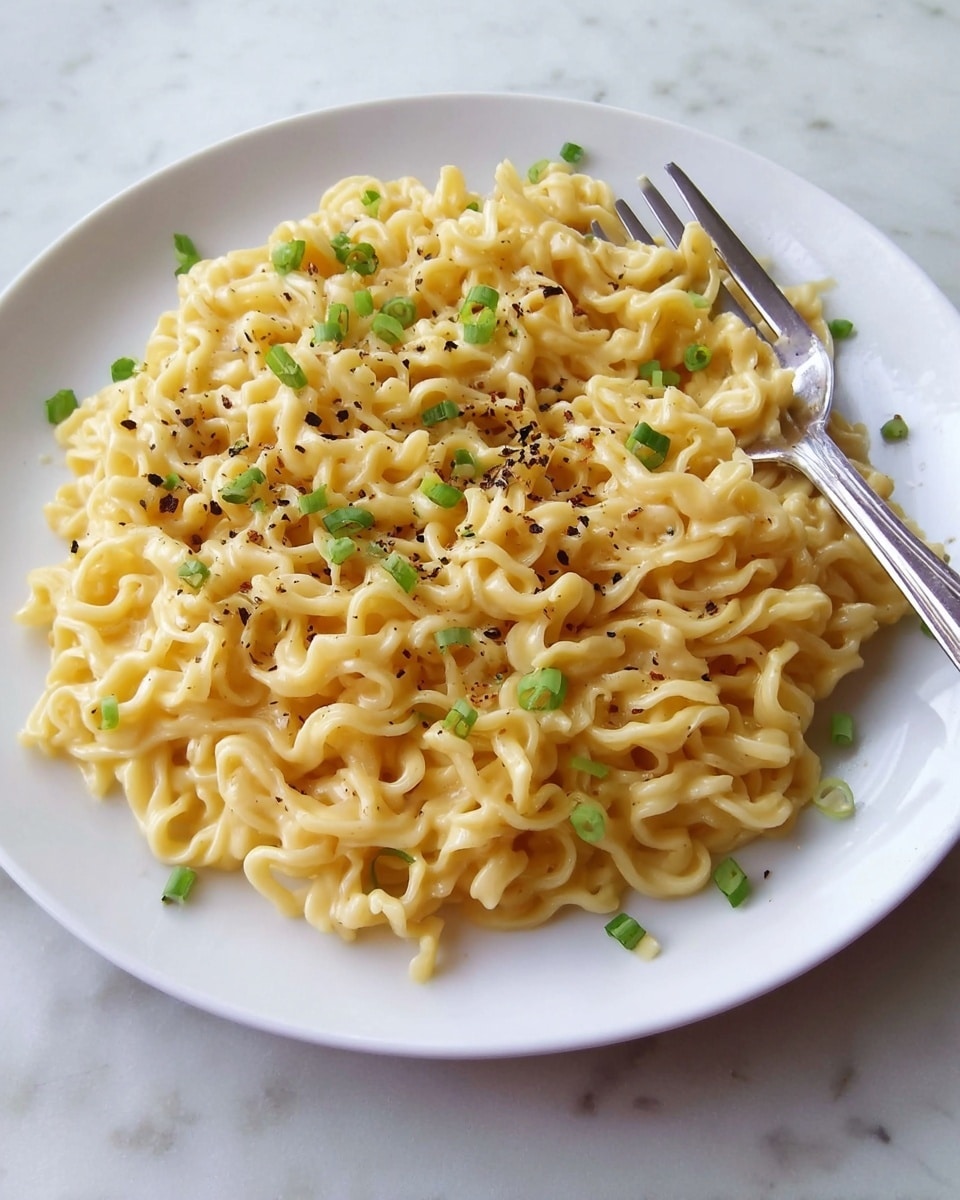 A white plate holds a pile of creamy yellow noodles with a smooth, glossy texture, mixed evenly with a light sauce. The noodles are soft and curly, piled in a thick layer in the center of the plate. Chopped green onions are sprinkled on top, adding small pops of green color, along with tiny black pepper flakes scattered across the surface. A fork lies diagonally on the plate, resting partly under the noodles. The plate sits on a white marbled surface with a clean, bright look. Photo taken with an iphone --ar 4:5 --v 7