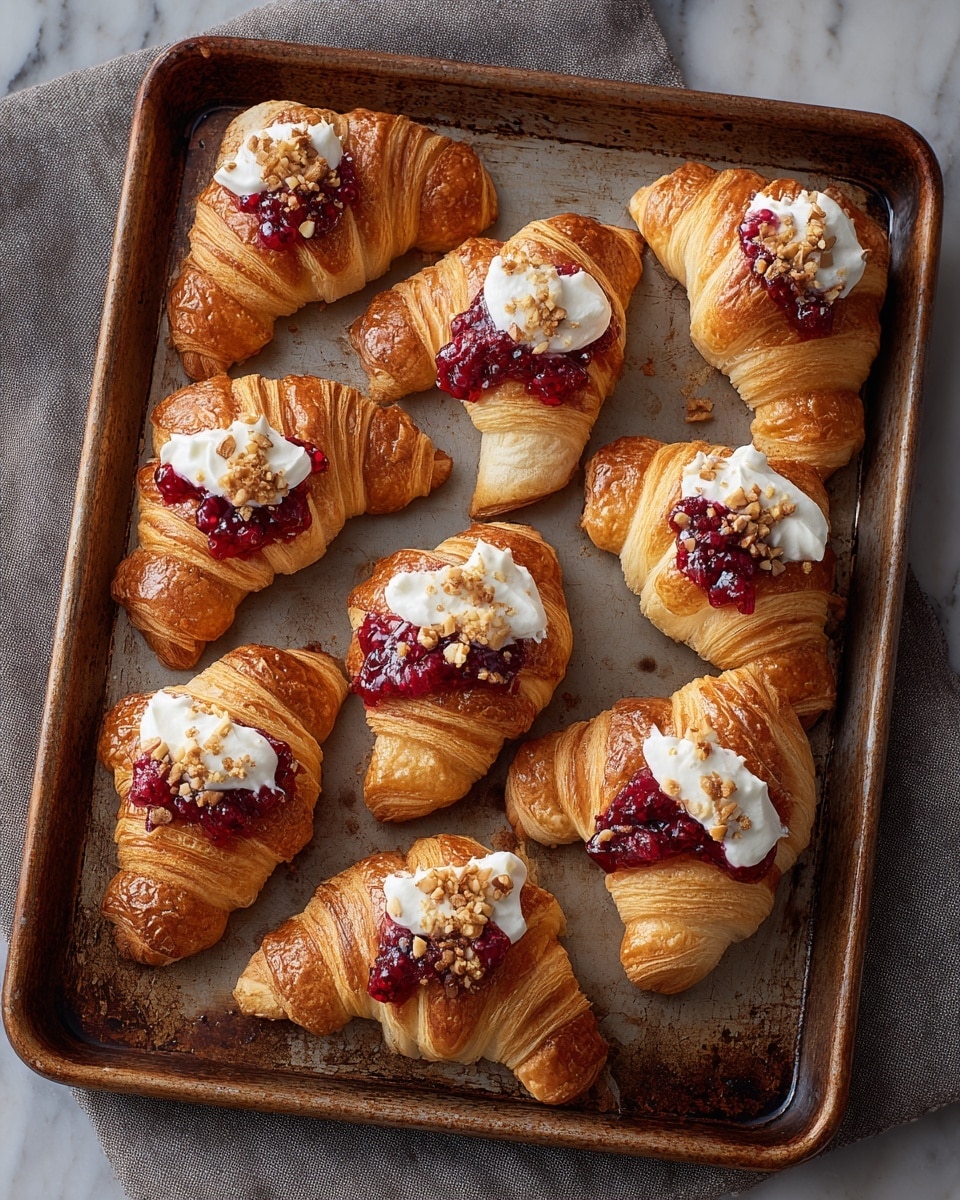 The image shows ten small, golden-brown croissants arranged on a rustic baking tray. Each croissant is sliced open slightly and filled with a thick white cream layer, topped with a bright red berry jam layer that has a chunky texture. Small brown nut pieces are sprinkled on top of the jam, adding texture and contrast. The croissants are placed casually, with some crumbs scattered around them. The scene rests on a neutral-toned cloth over a wooden surface replaced by a white marbled texture. The lighting highlights the flaky, buttery texture of the croissants and the glossy shine of the jam. photo taken with an iphone --ar 4:5 --v 7