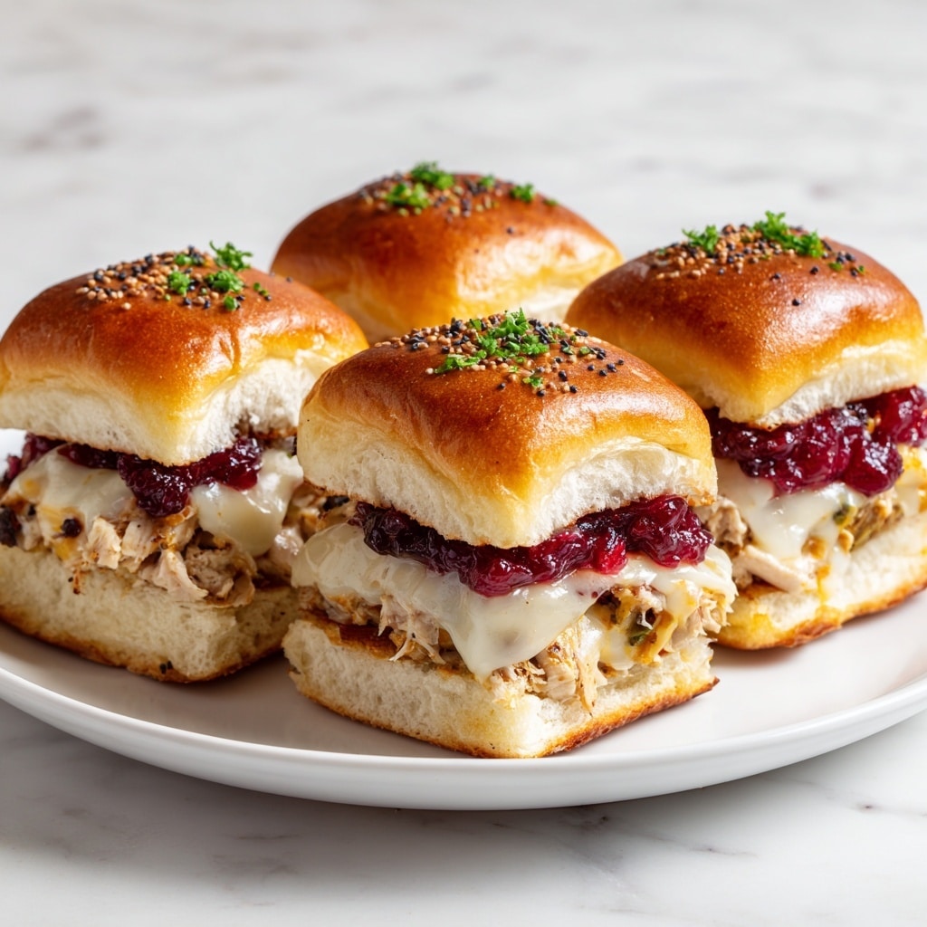 Four small sandwich squares sit close together on a white plate over a white marbled texture. Each sandwich has three main layers: a shiny, golden-brown top bun sprinkled with black poppy seeds and small green parsley leaves; a middle layer of melted white cheese draped over shredded, lightly browned chicken mixed with bits of caramelized onion; and a top spread of deep red cranberry sauce with visible chopped herbs. The bottom bun is soft and white, fluffy with a light crust. The sandwiches look fresh and inviting with a mix of textures from soft bread, gooey cheese, and moist chicken. photo taken with an iphone --ar 4:5 --v 7