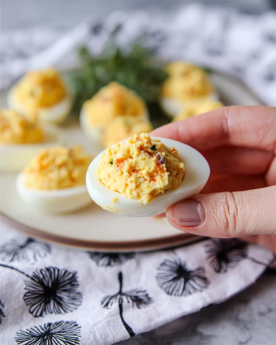 A close-up view shows a woman's hand holding one half of a hard-boiled egg filled with a creamy, chunky yellow mixture with small bits of orange and brown filling the white egg layer. The egg half has a smooth white edge and a soft, textured yolk mix filling on top. In the background, on a white marbled surface, there is a white plate holding more of these filled egg halves, with a small bunch of green herbs in the center, all softly out of focus. The scene features a white cloth with black dandelion prints underneath the plate. Photo taken with an iphone --ar 4:5 --v 7