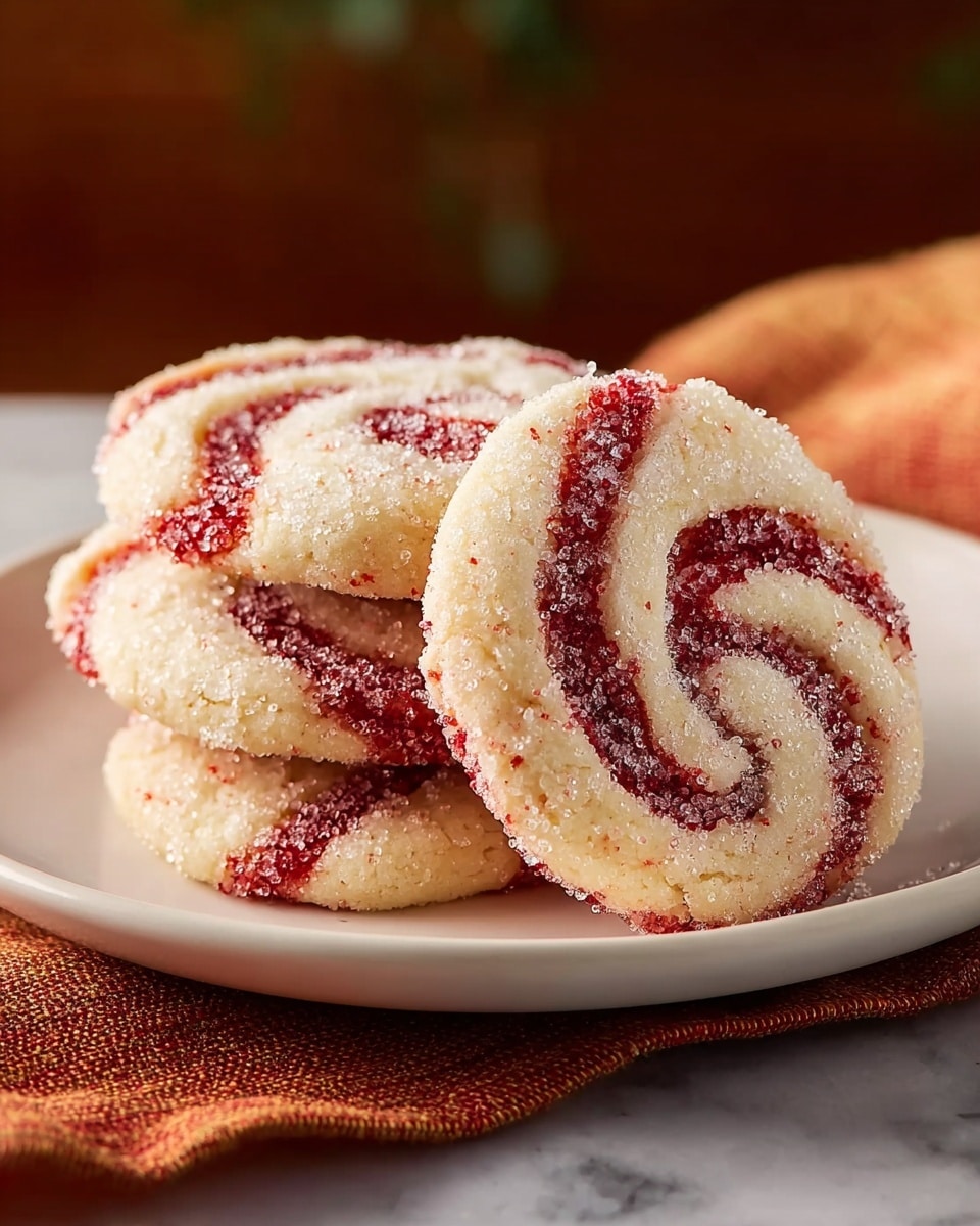 Four round peppermint swirl cookies are stacked on a white plate, resting on an orange and red checkered cloth. Each cookie has a white base with red stripes twisted to look like a swirl, and they are covered with granulated sugar crystals that give a sparkling texture. The plate sits on a white marbled surface with blurred green leaves and warm brown tones in the background. photo taken with an iphone --ar 4:5 --v 7