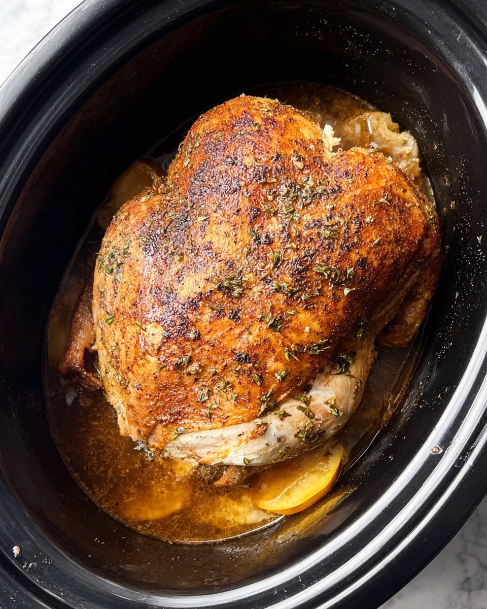 A whole roasted chicken sits in a glossy black slow cooker pot, showing one thick layer of crispy, golden-brown skin with specks of black and green herbs spread evenly across the surface. The chicken is partly submerged in amber-colored juice with visible slices of light yellow lemon and sprigs of herbs resting at the bottom. The edges of the pot create a curved black frame around the chicken, all set on a white marbled textured surface. photo taken with an iphone --ar 4:5 --v 7