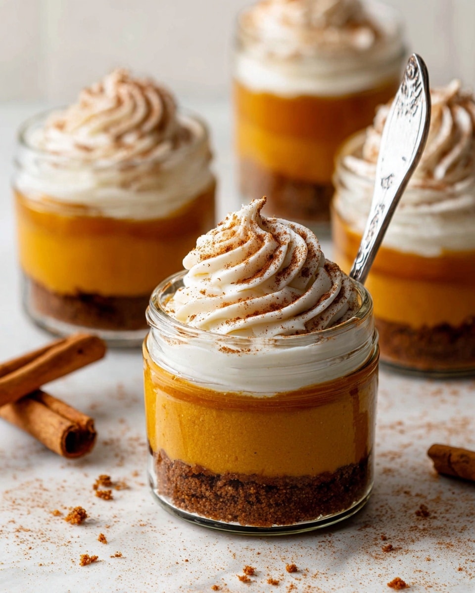 A clear glass jar filled with three layers: the bottom layer is a crumbly, dark brown crust, the middle layer is a thick, smooth orange pumpkin filling, and the top layer is a large swirl of white whipped cream sprinkled with light brown cinnamon powder. A silver spoon is inserted into the whipped cream on the right side of the jar. The jar is placed on a surface with a white marbled texture. Photo taken with an iphone --ar 4:5 --v 7