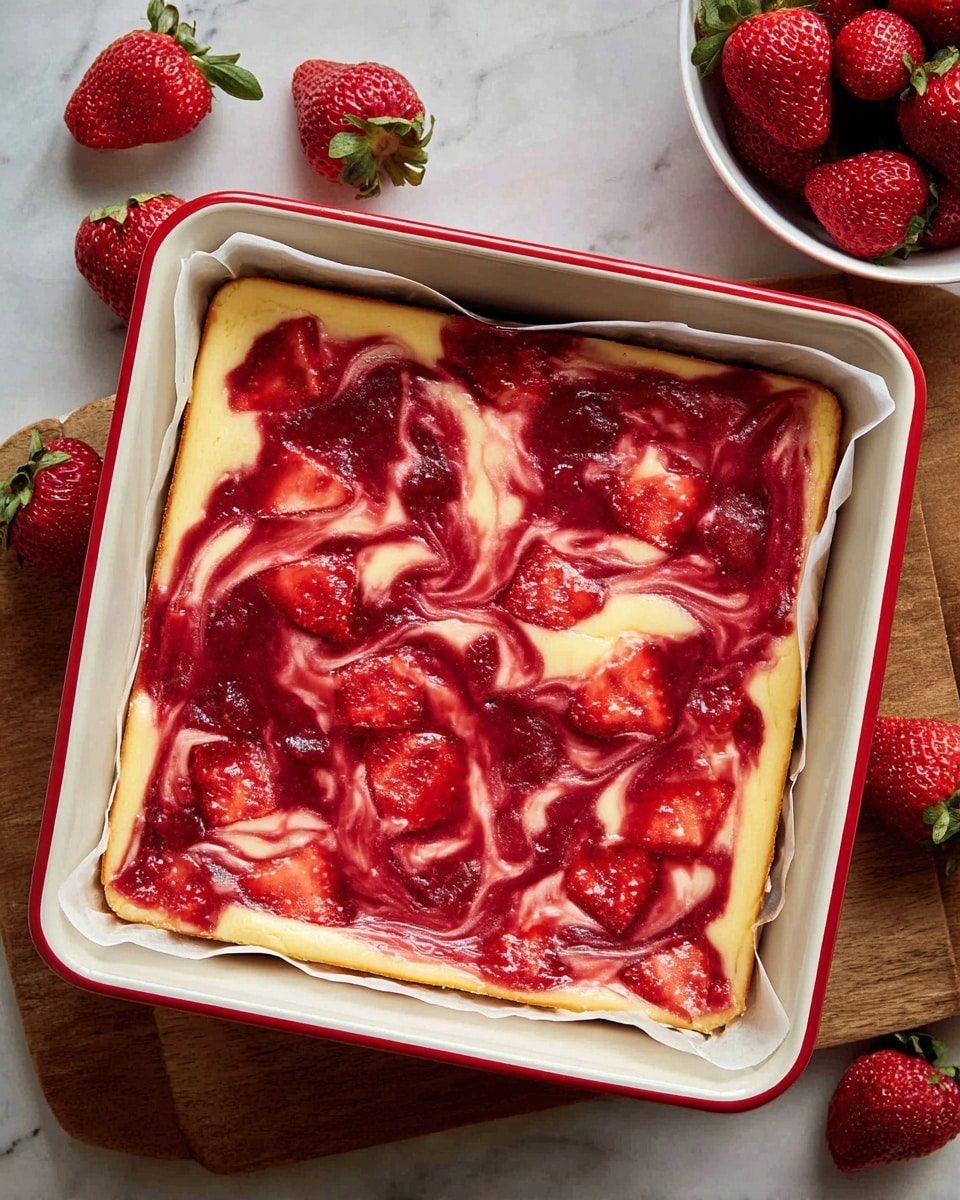 A stack of three dessert bars, each having three layers: a dense dark brown brownie base at the bottom, a thick creamy white cheesecake layer in the middle, and a glossy bright red strawberry topping with pieces of fruit swirled throughout on top. The bars are square-shaped and neatly stacked on a light brown surface with a fresh whole red strawberry placed next to the stack. The background is a smooth dark brown color, making the dessert’s layers stand out clearly. photo taken with an iphone --ar 4:5 --v 7