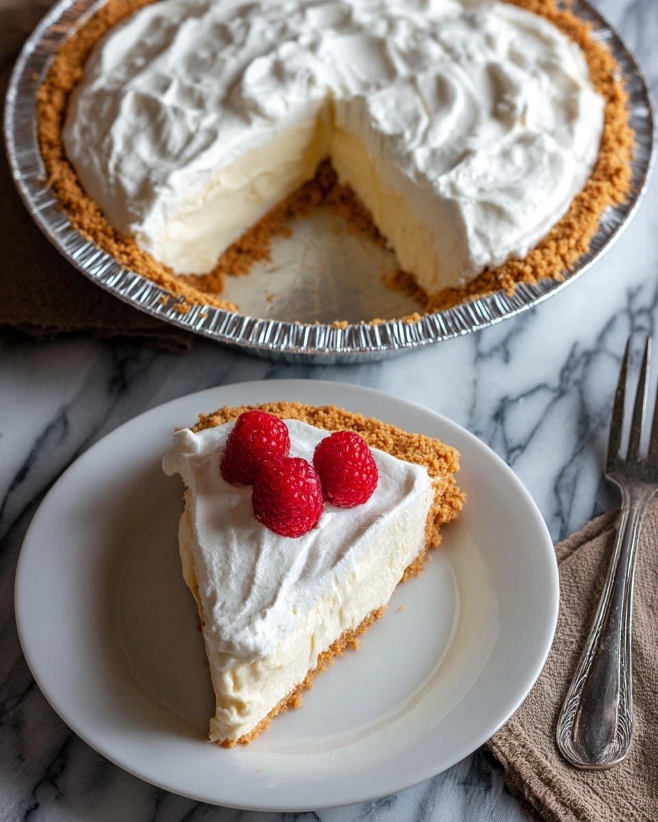 The image shows a pie with three distinct layers in a silver foil pie pan resting on a dark green cloth with a small red floral pattern. The bottom layer is a golden brown crust with a crumbly texture. The middle layer is creamy and pale off-white, smooth in texture. The top layer is thick white whipped cream with a rough, slightly textured surface, spread evenly but not perfectly smooth, divided into six slices. The background is a white marbled texture. photo taken with an iphone --ar 4:5 --v 7