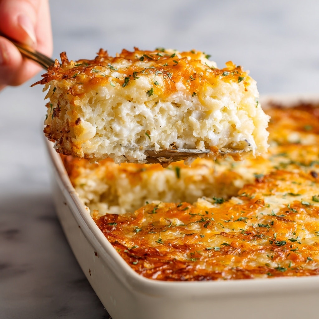 A close-up view of a cheesy hashbrown casserole being served, showing two layers: the bottom layer is crispy, golden-brown hashbrowns with a slightly rough texture, and the top layer is a thick, melted mix of white and orange shredded cheese sprinkled with green herbs, creating a creamy, gooey appearance. A white marbled surface is faintly visible in the background, and a woman's hand is holding a spoonful of the casserole in the upper part of the image. photo taken with an iphone --ar 4:5 --v 7