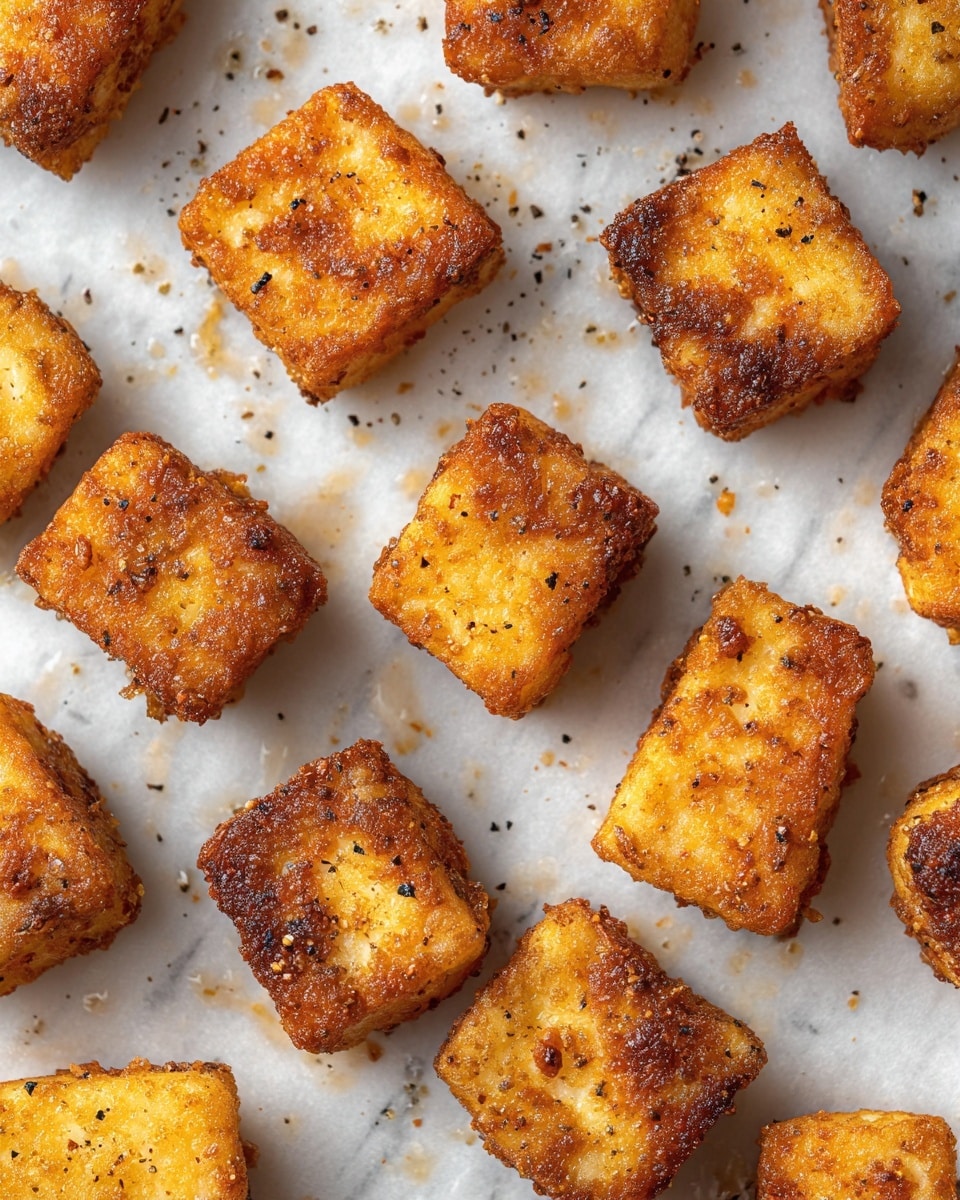 Golden brown crispy fried cheese cubes are arranged evenly on white parchment paper with some small oil spots and black pepper sprinkled on the surface of each cube, showing a rough, crunchy texture with some darker brown areas from frying. The cheese pieces vary slightly in size and shape, mostly rectangular or square. The close-up view highlights the crispy crust and soft interior of the cheese pieces. The background is a white marbled texture. photo taken with an iphone --ar 4:5 --v 7