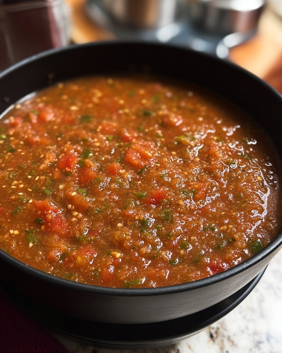 A close-up view of a black bowl filled with a thick, chunky salsa. The salsa has a rich reddish-brown color with visible small pieces of green herbs, red tomatoes, and bits of seeds scattered throughout. The texture looks slightly coarse and oily. The bowl sits on a white marbled textured surface with some kitchen items blurred in the background. photo taken with an iphone --ar 4:5 --v 7