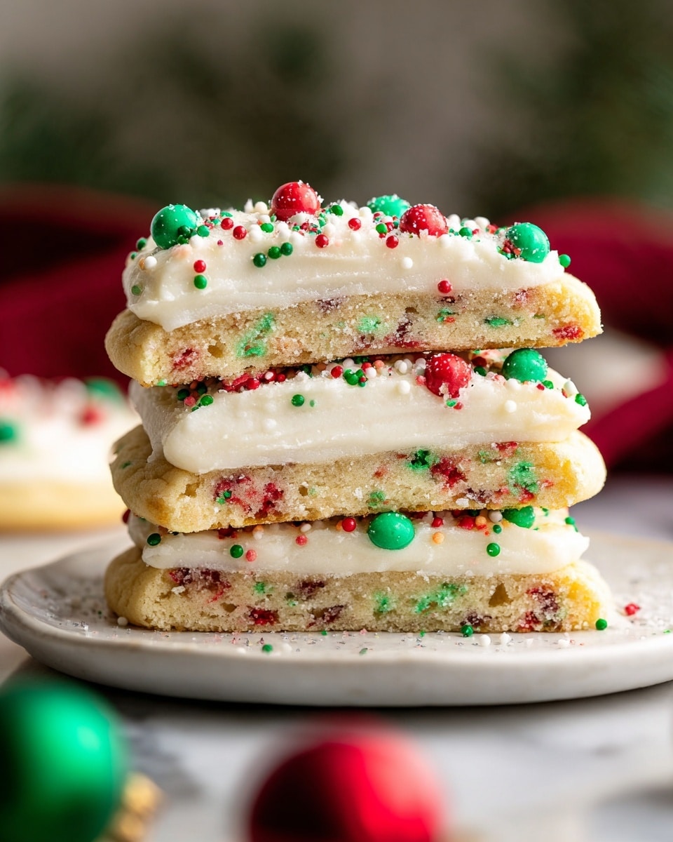 The image shows a stack of four thick cookie layers with a soft, crumbly texture, each dotted with small red and green sprinkles inside. Between each cookie layer, there is a thick, creamy white frosting layer sprinkled with tiny round red, green, and white candy balls. The top cookie is fully covered with a smooth layer of the same white frosting, decorated with more colorful small candy balls. The stack is placed on a white plate set on a white marbled surface, with blurred red and green Christmas ornaments in the foreground. photo taken with an iphone --ar 4:5 --v 7