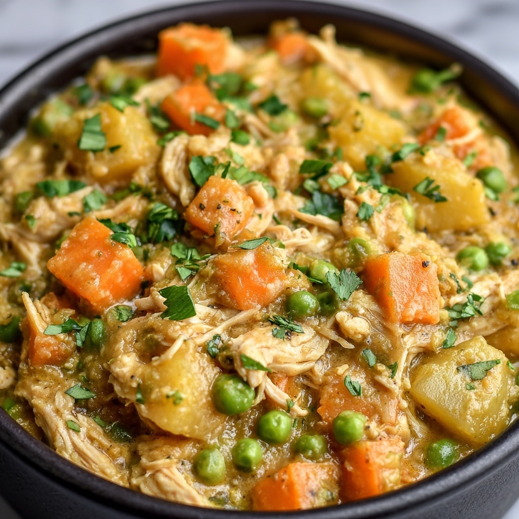 A white bowl filled with a creamy chicken and dumplings soup, showing soft, thick dumplings on top, light beige in color with a smooth texture. The soup broth is pale and creamy, mixed with tender shredded chicken pieces and small chunks of bright orange carrots and green peas scattered throughout. Fresh green parsley is sprinkled on top for a touch of color. The bowl sits on a white marbled surface, with a glimpse of another similar bowl in the background. Photo taken with an iphone --ar 4:5 --v 7