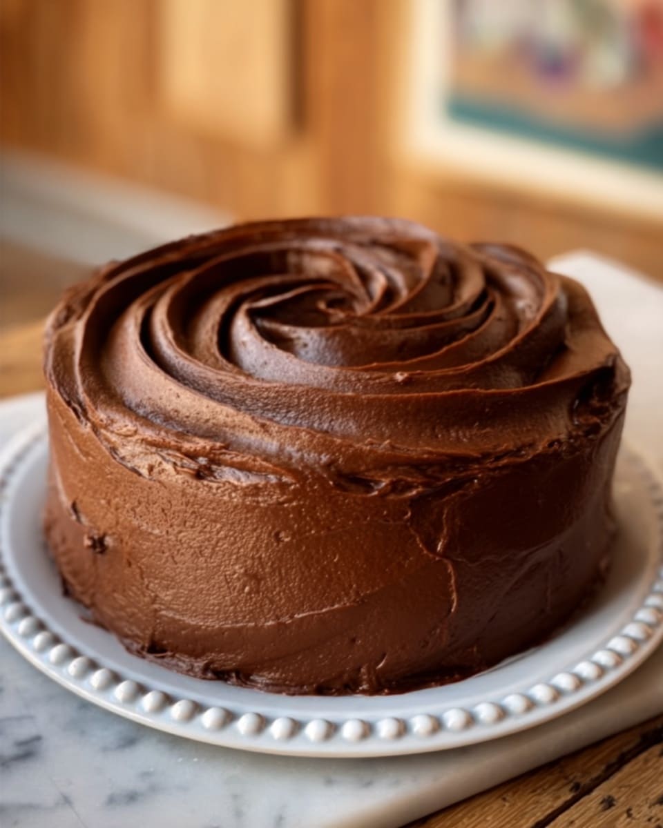 A small round chocolate cake covered completely in smooth, thick chocolate frosting with a luscious swirl pattern on top. The frosting is dark brown and shiny, showing rich, creamy texture. The cake sits on a white plate with a beaded edge, placed on a white marbled surface. The background is softly blurred with warm wood tones and a hint of artwork. The photo taken with an iphone --ar 4:5 --v 7