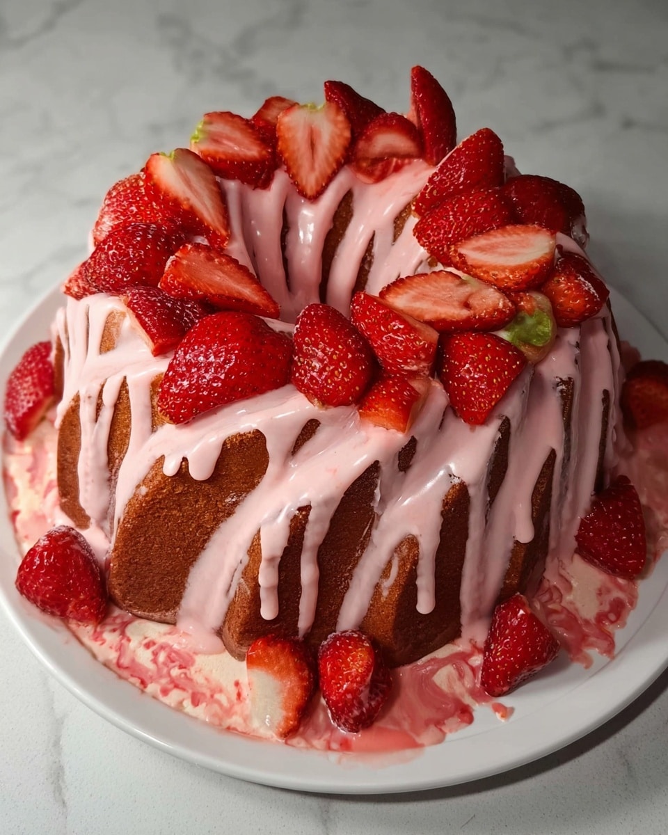 A bundt cake with a light brown color shaped in a spiral design, covered in a thick pink glaze that drips down the sides in uneven lines, topped with fresh red strawberry halves and whole strawberries arranged evenly around the top and sides; the cake sits on a white plate with a mix of pink and white sauce pooling at the base, adding a glossy finish, all set on a white marbled surface. photo taken with an iphone --ar 4:5 --v 7
