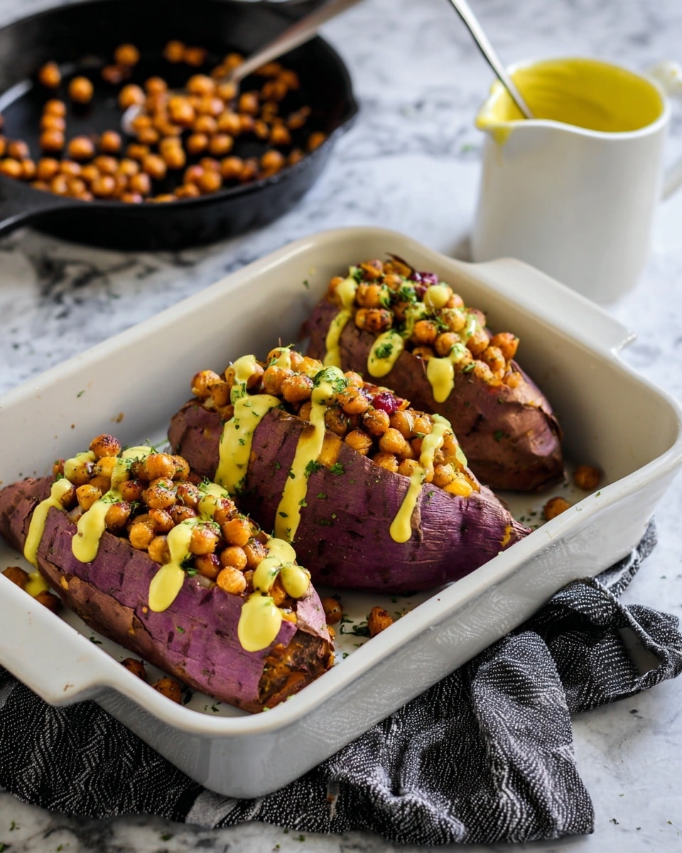A single purple sweet potato cut open on a white plate sits in the center. The potato is filled with roasted chickpeas that are golden brown with a slightly crispy texture. Bright yellow sauce is drizzled over the chickpeas and potato, with some sauce dripping onto the plate. Small green herb pieces are sprinkled on top and around for garnish. In the background, a white tray holds more purple sweet potatoes with similar toppings, next to a black and white striped cloth. A white jug with yellow sauce dripping down its side is also visible. The setting is on a white marbled surface. photo taken with an iphone --ar 4:5 --v 7