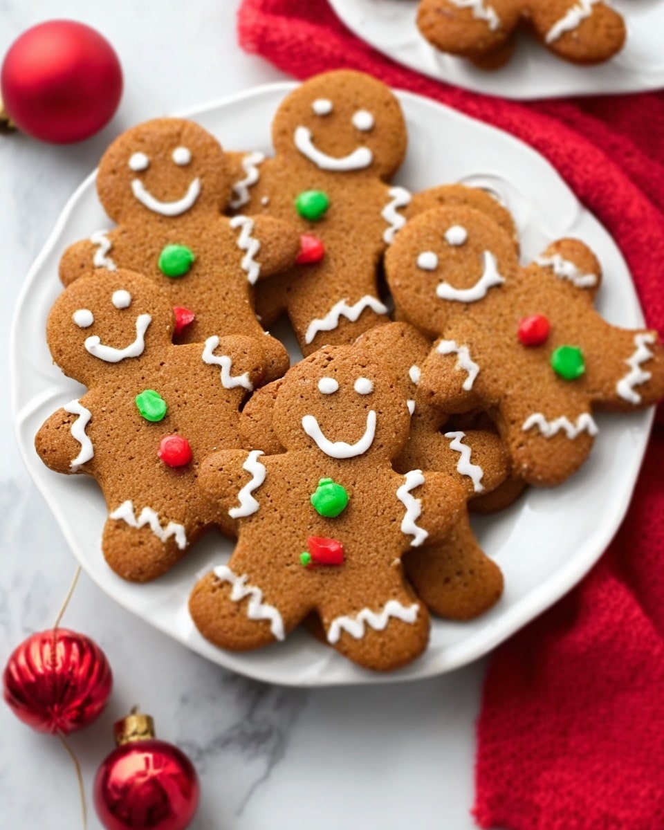 A white plate sits on a white marbled surface with a red cloth underneath, filled with several gingerbread cookies shaped like people. Each cookie is brown with a smooth texture and decorated with white icing lines for smiles, eyes, and zigzag patterns on arms and legs. The cookies also have red and green round candies placed as buttons on their fronts. Around the plate, there are two red Christmas ornaments, adding a festive touch. Photo taken with an iphone --ar 4:5 --v 7
