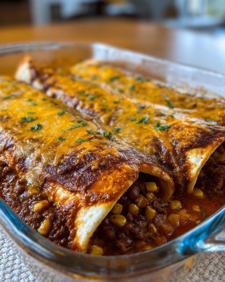 A close-up of two enchiladas in a clear glass baking dish set on a white marbled texture, each enchilada wrapped in a soft tortilla, filled with a mixture of yellow corn and dark brown ground meat. The top layer is covered with melted cheese that is golden and browned in spots, with small green herbs sprinkled over it. The enchilada edges are slightly crispy and browned, showing the rich sauce soaking into the tortillas. The background is slightly blurred, featuring a room with warm lighting. Photo taken with an iphone --ar 4:5 --v 7