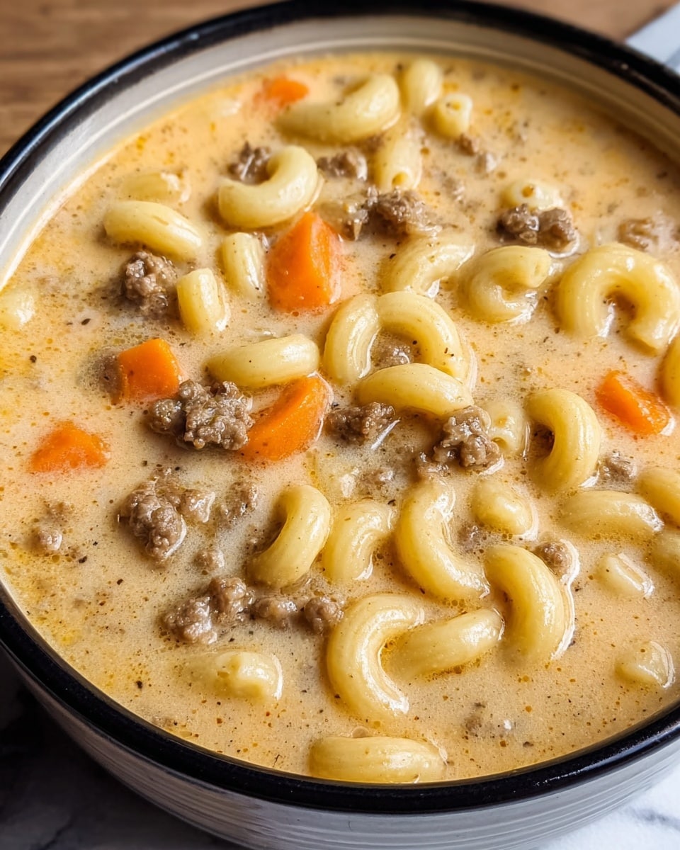 A close-up view of a creamy soup in a white bowl with a black rim, showing three main layers: soft, yellow macaroni noodles, small brown ground meat pieces scattered throughout, and bright orange carrot chunks mixed evenly in the thick, light beige broth. The creamy soup looks smooth with a few specks of seasoning and shines softly under warm light. The bowl rests on a white marbled surface, creating a simple, clean background. Photo taken with an iphone --ar 4:5 --v 7