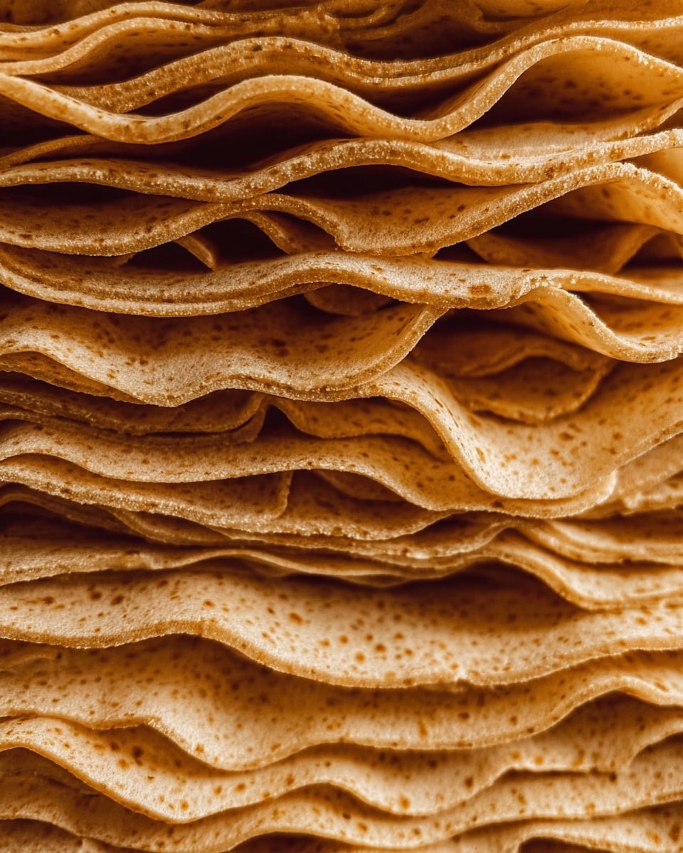 The image shows a close-up view of several pasta sheets stacked tightly on top of each other. Each pasta sheet is light brown with visible specks, and the edges have a wavy, ruffled texture that creates layers of curls and folds throughout the stack. The pasta looks fresh and soft with a slightly rough surface, and the layers are uneven, showing natural waves and small holes in some areas. photo taken with an iphone --ar 4:5 --v 7