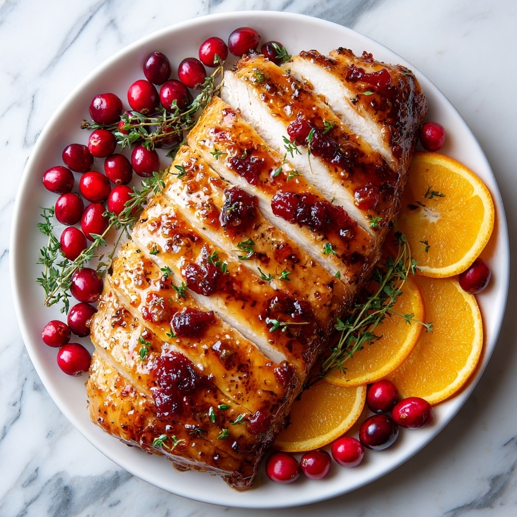 A sliced honey-glazed roast turkey breast sits on a white plate, with a shiny golden-brown glaze and bits of red cranberry sauce on top, garnished with small green sprigs of thyme. The turkey is cut into thick, juicy slices showing moist, white meat inside. Around the turkey, there are whole red cranberries and bright orange slices placed on a white marbled surface, creating a fresh and colorful contrast. The glaze reflects light, giving the dish a glossy and appetizing look. photo taken with an iphone --ar 4:5 --v 7