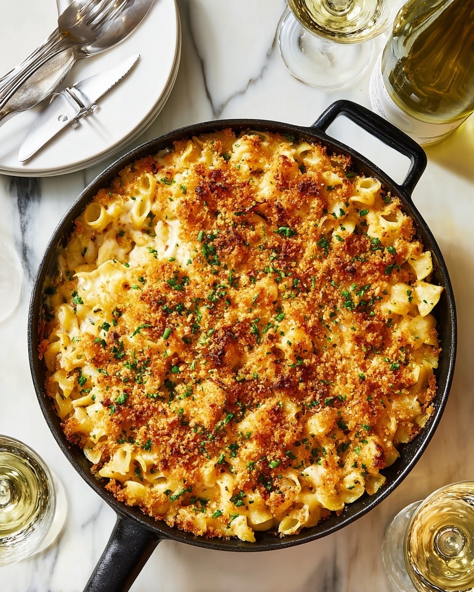 The image shows a black round pan filled with creamy mac and cheese topped with a golden-brown crispy breadcrumb layer, garnished with small pieces of green herbs scattered evenly on top. The noodles are thick and mixed well with melted cheese sauce, creating a rich texture beneath the crunchy topping. The pan sits on a white marbled surface, surrounded by two small clear glasses with pale yellow drinks, a white plate holding silver cutlery, and part of a white bottle. Photo taken with an iphone --ar 4:5 --v 7