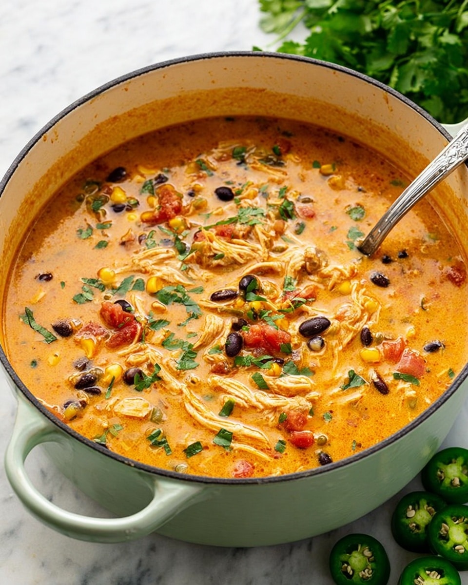 A large white pot filled with a creamy orange soup that has visible shredded chicken pieces spread throughout the surface. Floating in the soup are small yellow corn kernels, black beans, and red tomato chunks, all mixed evenly. Finely chopped green herbs are sprinkled on top, adding a touch of freshness. A silver ladle rests inside the pot on the right side, partially submerged in the soup. The pot is placed on a white marbled surface, with some green sliced jalapeno pieces in the bottom right corner and fresh green cilantro leaves blurred in the background. Photo taken with an iphone --ar 4:5 --v 7