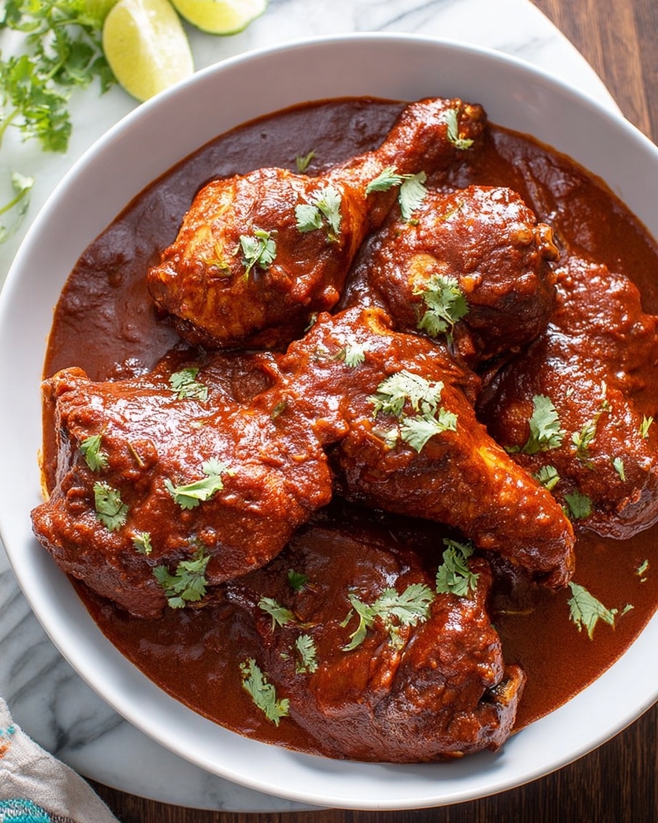 A white bowl filled with six pieces of chicken covered in a thick, rich dark red sauce with a glossy texture. The chicken pieces are layered closely together, showing a mix of drumstick and thigh cuts fully coated in the sauce. Small green cilantro leaves are scattered on top for garnish, adding a fresh contrast to the deep red color of the sauce. The bowl is placed on a white marbled surface with some lime wedges visible near the edge of the frame. photo taken with an iphone --ar 4:5 --v 7