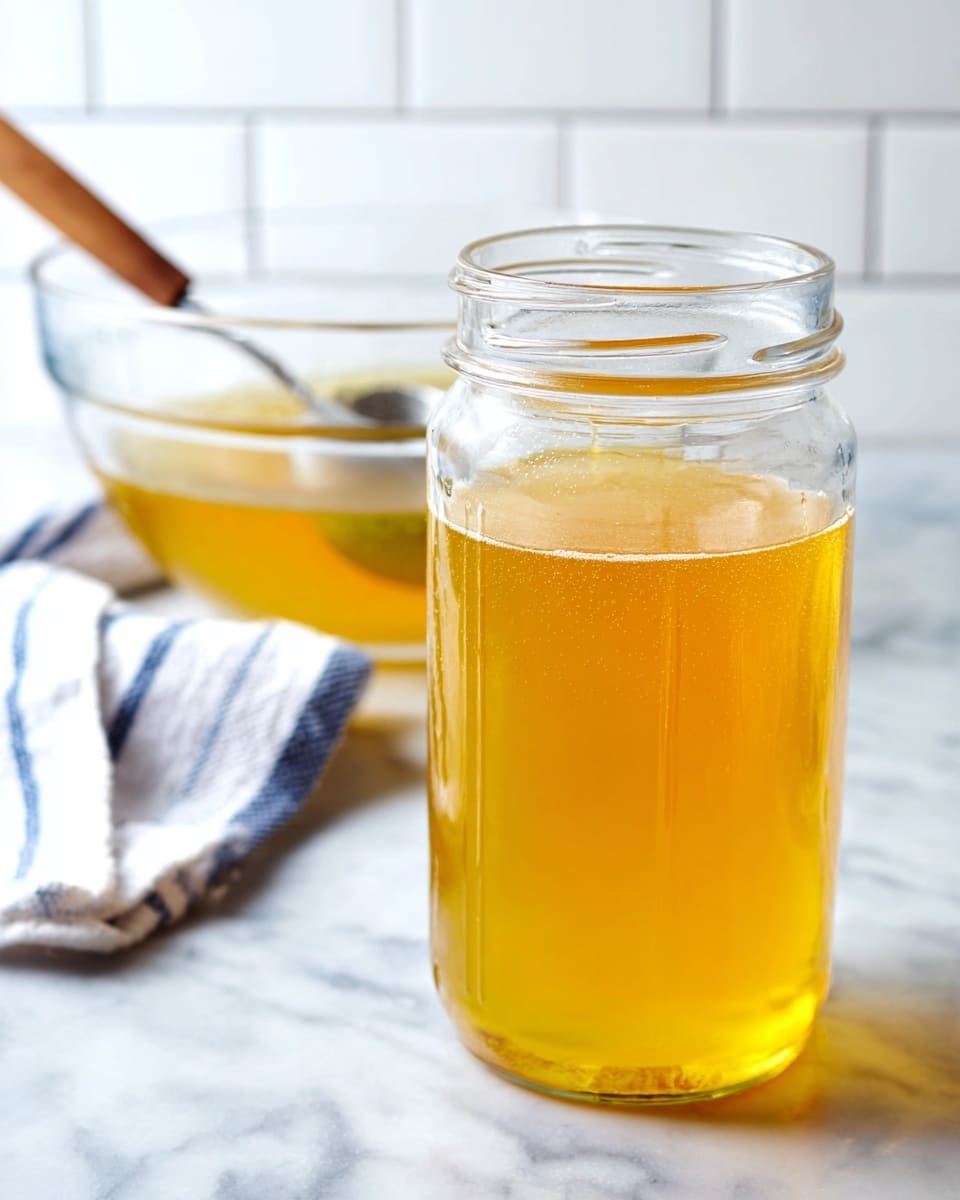 A tall clear glass jar filled with a light golden-yellow liquid, smooth and slightly thick in texture, sits on a white marbled surface. Behind it, there is a clear glass mixing bowl with the same golden liquid, containing a wooden spoon and a metal ladle partially visible on the left side. A white cloth with blue stripes is partially shown next to the bowl. The background is softly blurred white subway tiles. photo taken with an iphone --ar 4:5 --v 7