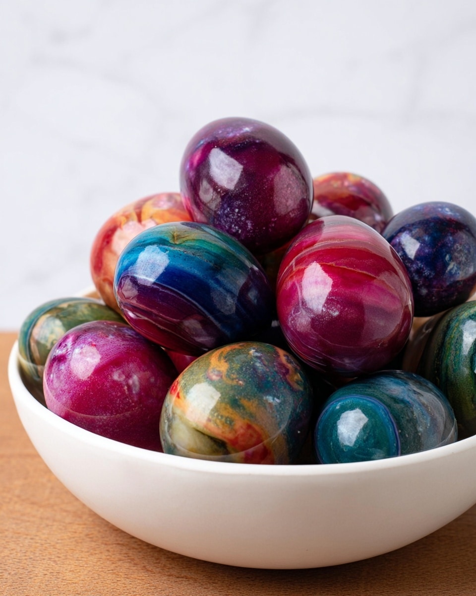 A round white bowl is filled with glossy, smooth eggs that have a marble-like pattern in various rich colors including deep purple, red, blue, green, and hints of orange. The eggs are piled high, overlapping each other, showing swirled textures of darker and lighter shades blending seamlessly. The bowl sits on a wooden surface with a white marbled texture background behind it. photo taken with an iphone --ar 4:5 --v 7