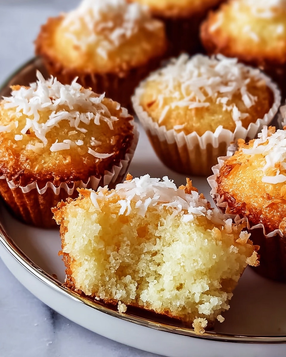 A white plate holds several golden brown coconut muffins arranged neatly, each topped with a layer of toasted shredded coconut that is slightly crispy and light brown in color. One muffin is cut open in the front, revealing a soft, moist, light yellow interior with a spongy texture. The muffins have a slightly domed top with a crunchy edge, contrasting with the tender middle. The background shows a white marbled texture. photo taken with an iphone --ar 4:5 --v 7
