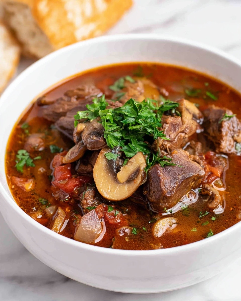 A white bowl filled with a rich beef stew, showing multiple layers: at the bottom is a deep reddish-brown broth with visible bits of diced tomatoes and onions, followed by tender chunks of browned beef resting on top. There are slices of light brown mushrooms scattered throughout, and the stew is garnished with a small bunch of fresh green parsley placed in the center. The bowl sits on a white marbled surface, with a blurry bread roll in the background. photo taken with an iphone --ar 4:5 --v 7